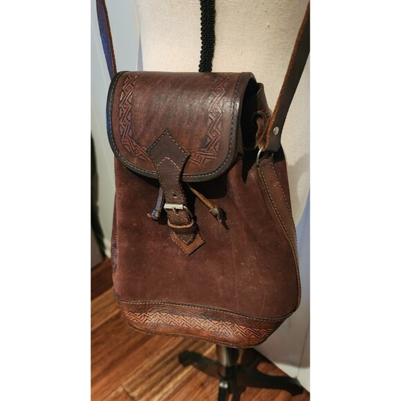VINTAGE Boho Hippie BOLIVIA Handmade Tooled LEATHER Crossbody ShoulderBag Purse - Picture 4 of 9